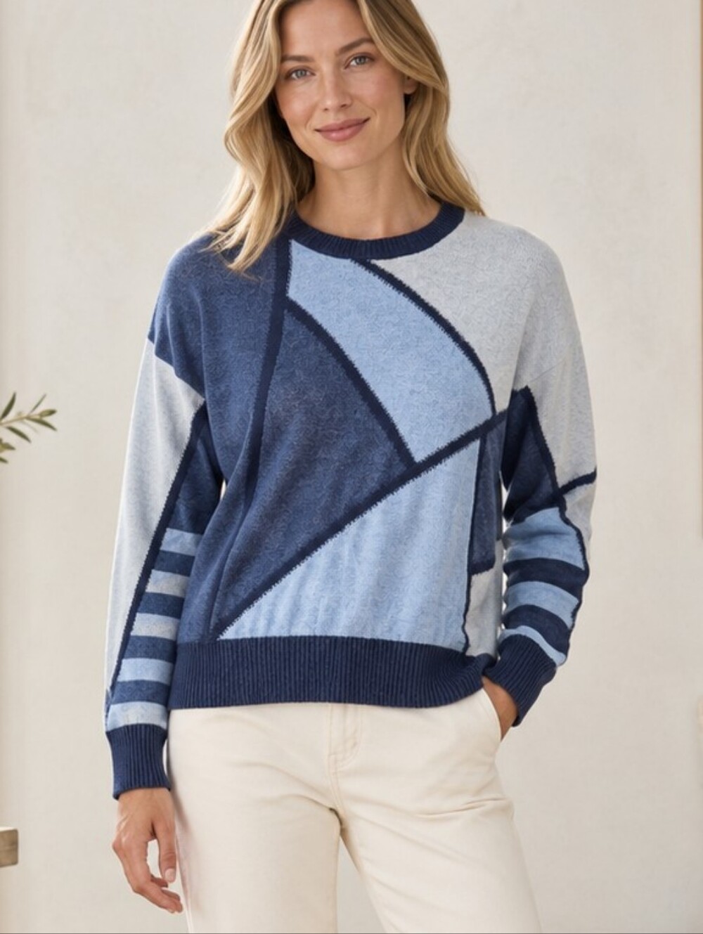Zaket & Plover Mosaic Intarsia Cotton Cashmere Colourblock Sweater Marine M